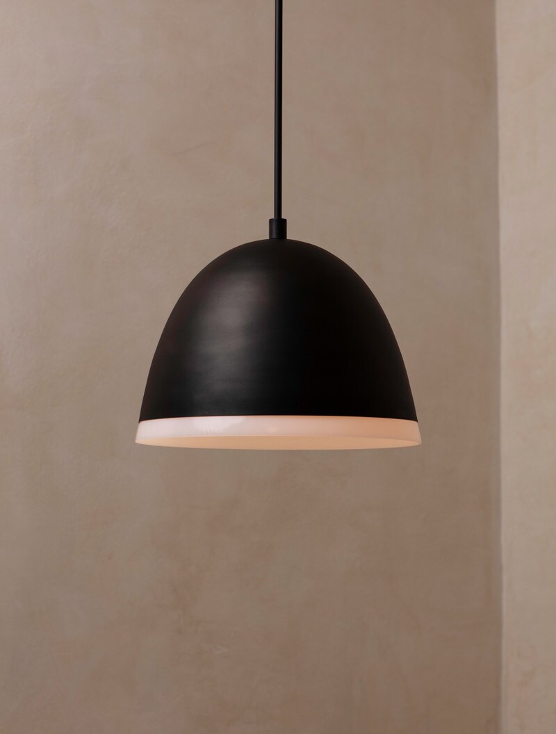 Atelier Pendant 14" shown in Flat Black, Opal Glass